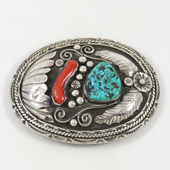 1980s Turquoise and Coral Buckle by Jerry Tom - Garland's