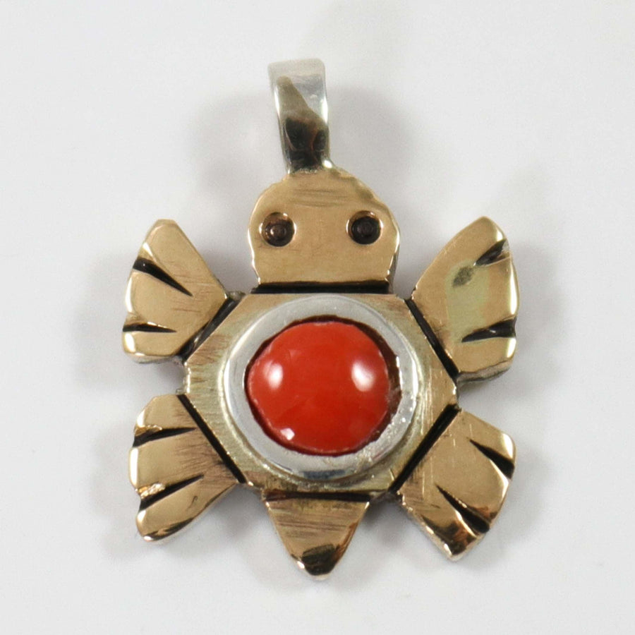 Gold and Coral Turtle Pendant by Watson Honanie - Garland's